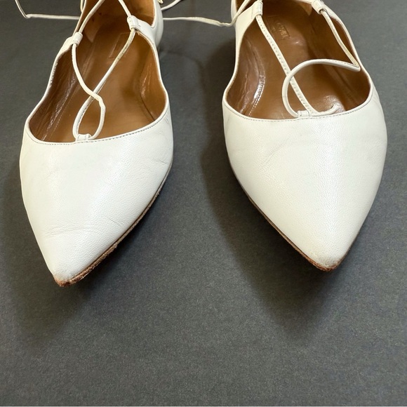 AQUAZZURA CHRISTY WHITE LEATHER LACE UP ANKLE WRAP POINTED TOE BALLET FLATS - Picture 6 of 15